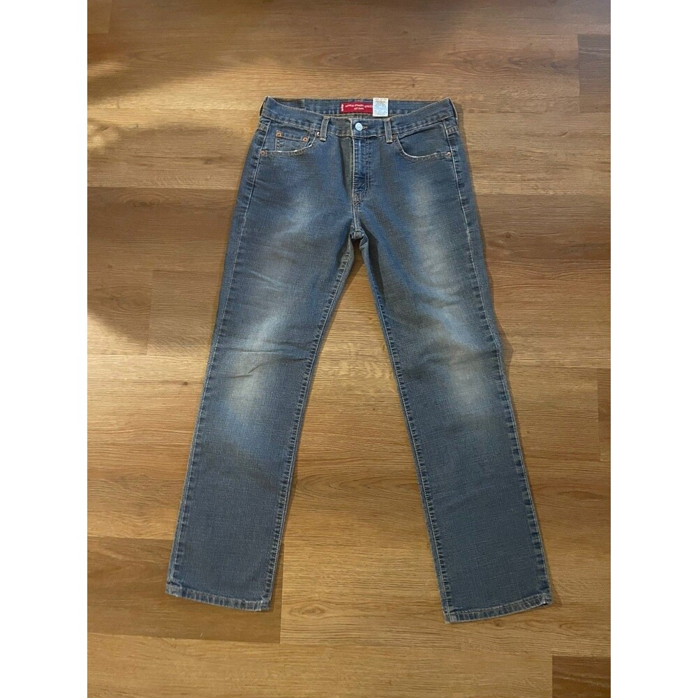Levis Straight Stretch Jeans Women Size 8 Mis M Blue Distressed Button Zip Denim